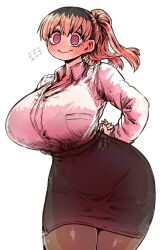  @_@ alternate_costume alternate_hairstyle arms_behind_back black_hair black_skirt blonde_hair blush breasts brown_hair business_suit closed_mouth collared_shirt female hair_between_eyes high_ponytail highres huge_breasts kinjo_no_hito_no_nakimushi large_breasts long_hair long_sleeves looking_at_viewer multicolored_hair ochiai_(kinjo_no_hito_no_nakimushi) office_lady pantyhose pencil_skirt pink_eyes ponytail roots_(hair) shirt simple_background skirt skirt_suit smile solo standing suit sweat two-tone_hair wavy_mouth white_background white_shirt zyugoya 