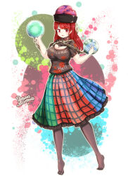  black_shirt blush breasts chains cleavage cleavage_cutout clothes_writing clothing_cutout commentary_request cross dated dress earth_(ornament) female frills full_body furim hecatia_lapislazuli highres inverted_cross large_breasts long_hair long_legs moon_(ornament) multicolored_dress no_shoes one-hour_drawing_challenge open_mouth pantyhose plaid_clothes plaid_dress red_eyes red_hair shirt short_sleeves signature smile solo symbol-shaped_pupils tiptoes touhou 