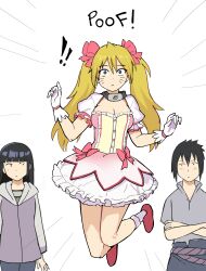  1boy 2girls :/ absurdres black_hair blonde_hair blue_eyes blunt_bangs bow breasts commentary cosplay crossed_arms empty_eyes facial_mark forehead_protector gloves hairbow hands_up highres hyuuga_hinata kaname_madoka kaname_madoka_(cosplay) kaname_madoka_(magical_girl) long_hair looking_at_viewer magical_girl mahou_shoujo_madoka_magica mahou_shoujo_madoka_magica_(anime) medium_breasts multiple_girls naruko_(naruto) naruto_(classic) naruto_(series) pink_bow puffy_short_sleeves puffy_sleeves short_hair short_sleeves simple_background skirt socks sound_effects thighs transformation twintails uchiha_sasuke watcher_hollow whisker_markings white_background white_socks 
