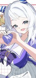  absurdres animal_ears blush bow bowtie breasts brown_eyes commentary_request ear_covers female grey_hair heart heart_hands highres hishi_miracle_(umamusume) horse_ears horse_girl horse_tail large_breasts looking_at_viewer medium_hair open_mouth pleated_skirt puffy_short_sleeves puffy_sleeves purple_bow purple_bowtie purple_shirt reversi_(reversi_ppp) sailor_collar sailor_shirt school_uniform shirt short_sleeves simple_background skirt smile solo tail tracen_school_uniform umamusume white_sailor_collar white_skirt 