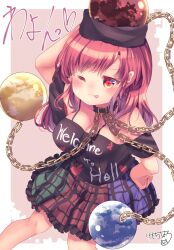  black_shirt blush chains clothes_writing commentary_request earth_(ornament) female gold_chain hand_on_own_hip hecatia_lapislazuli highres kemo_chiharu long_hair looking_at_viewer moon_(ornament) multicolored_skirt off-shoulder_shirt off_shoulder one_eye_closed plaid_clothes plaid_skirt red_eyes red_hair shirt skirt smile solo t-shirt tongue tongue_out touhou translation_request underworld_(ornament) 
