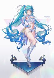  absurdres alternate_costume aqua_hair artist_name bandeau bead_bracelet beads belt belt_buckle blue_nails blue_shirt blush boots bow bracelet breasts buckle character_name choker cleavage clothes_writing commentary crop_top detached_sleeves female fingernails full_body goddess_of_victory:_nikke gradient_background grey_background hair_ornament hair_ribbon hairbow hands_up high-waist_belt highres jewelry knee_boots lace-up_boots large_breasts layered_sleeves leg_up long_hair long_sleeves looking_at_viewer microphone nail_polish navel o-ring o-ring_thigh_strap open_clothes open_shirt parted_lips platform_boots privaty_(nikke) purple_scrunchie ribbon scrunchie shirt short_shorts short_sleeves shorts sleeves_past_wrists solo stage_lights standing standing_on_one_leg star_(symbol) star_hair_ornament stomach thigh_strap triangle triangle_hands twintails twitter_username two-tone_shirt very_long_hair waist_cape white_bandeau white_belt white_boots white_bow white_choker white_ribbon white_shirt white_shorts wrist_scrunchie y_unevenness yellow_bow yellow_eyes 