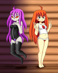  2girls badeline breasts celeste_(game) clothed clothing feet female female_only female_with_female filler_shmazman madeline_(celeste) medium_breasts midriff pajamas panties peace_sign purple_eyebrows purple_hair red_eyes red_hair 