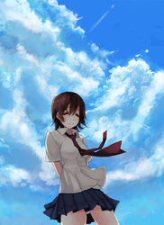  bad_id bad_pixiv_id brown_hair cloud comrade_stalin day female necktie original photoshop_(medium) short_hair sky solo wind 