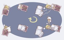  &gt;_&lt; 2girls admiral_hipper_(azur_lane) ahoge azur_lane blonde_hair commentary_request cycle emblem futon highres messy_hair messy_sleeper multiple_girls pajamas pillow prinz_eugen_(azur_lane) rolling sleeping under_covers white_hair zeldin 