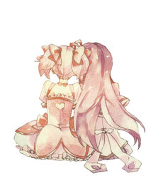  2girls akemi_homura akemi_homura_(magical_girl) black_hair commentary_request from_behind kaname_madoka kaname_madoka_(magical_girl) long_hair mahou_shoujo_madoka_magica mahou_shoujo_madoka_magica_(anime) multiple_girls pink_hair short_hair sorato_(astllatte) twintails 