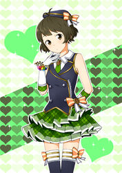  1boy akizuki_ryo antenna_hair bad_id bad_pixiv_id bare_shoulders bow brown_eyes brown_hair crossdressing elbow_gloves gloves hanatsuka hat idolmaster idolmaster_dearly_stars male_focus necktie otoko_no_ko schoolish_girl_(idolmaster) short_hair skirt sleeveless solo thighhighs 