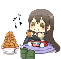  :t akagi_(kancolle) b-man bauxite bowl brown_eyes brown_hair chibi commentary_request cushion drinking_straw drum_(container) eating female japanese_clothes kantai_collection long_hair muneate pillow puchimasu! revision simple_background sitting solo translated very_long_hair wavy_mouth white_background yellow_eyes 