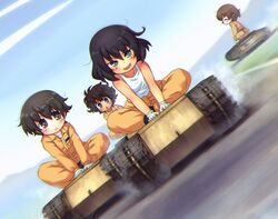  4girls :&lt; :o arm_support black_footwear black_hair blue_eyes blurry blurry_background brown_eyes brown_hair chromatic_aberration clothes_around_waist commentary_request dark-skinned_female dark_skin day dust_cloud dutch_angle explosive frown girls_und_panzer gloves goliath_tracked_mine green_eyes hoshino_(girls_und_panzer) indian_style jumpsuit long_sleeves looking_at_another looking_at_viewer mechanic messy_hair mine_(weapon) multiple_girls nakajima_(girls_und_panzer) open_mouth orange_jumpsuit outdoors riding road sankuma shirt shoes short_hair sitting sky smile standing suzuki_(girls_und_panzer) tank_top tied_shirt tsuchiya_(girls_und_panzer) v-shaped_eyebrows v_arms white_gloves white_shirt 