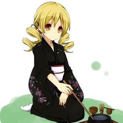  amano_kouki black_kimono blonde_hair chagama_(pot) chasen commentary_request cup drill_hair female full_body japanese_clothes kimono mahou_shoujo_madoka_magica mahou_shoujo_madoka_magica_(anime) seiza sitting smile solo tea tea_ceremony teacup tomoe_mami yellow_eyes 