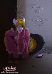  4_toes anthro azaleesh barefoot biped blonde_hair blue_eyes bodily_fluids clothed clothing electronics english_text feet female fur hair merena_(azaleesh) onesie phone raining sad sitting solo tears text toes ventart 