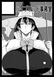  alternate_breast_size annoyed black_border border bored breasts cape cardigan circle_cut commentary_request copyright_request earrings female fire fur_trim greyscale hair_between_eyes hat huge_breasts jewelry kagari_ayaka long_hair monochrome muronaga_chaashuu night open_hand parted_bangs ribbon school_emblem spell staff translation_request witch_craft_works witch_hat 