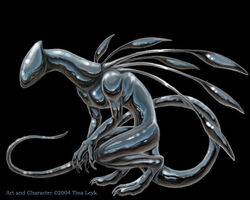  2004 ambiguous_gender black_background claws crouching digitigrade english_text feral long_tail metallic simple_background solo tail text tina_leyk unknown_species 