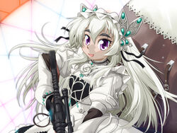  chaika_trabant coffin commentary_request cropped eyebrows female gun highres hitsugi_no_chaika ranbu_hararin rifle solo weapon white_hair 