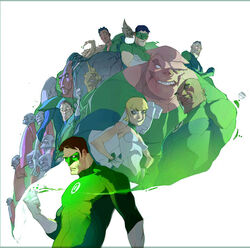  6+boys alien arisia_rrab beak bodysuit brown_hair ch&#039;p character_request crossed_arms dark_skin dc_comics domino_mask gloves green_lantern green_lantern_(series) guy_gardner hal_jordan hands_on_hips jewelry john_stewart kilowog kyle_rayner mask multiple_boys ring skirt soranik_natu strapless tail tomar-re white_gloves 