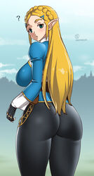  ? artist_name ass black_gloves black_pants blonde_hair blue_eyes blue_shirt blue_sky breasts cloud commentary_request cowboy_shot day female fingerless_gloves from_behind gloves hair_ornament hairclip juliet_sleeves large_breasts long_hair long_sleeves looking_at_viewer looking_back onomeshin outdoors pants parted_lips photoshop_(medium) pointy_ears princess_zelda puffy_sleeves shirt sidelocks signature skin_tight sky solo standing straight_hair the_legend_of_zelda the_legend_of_zelda:_breath_of_the_wild thick_eyebrows thick_thighs thighs 