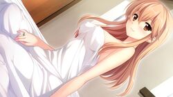  16:9 bare_shoulders bed bed_sheet blonde_hair blush breasts brown_eyes covered_nipples erect_nipples female game_cg happy hatsukoi_1/1 jewelry koizumi_amane long_hair looking_at_viewer morino_yukino nude ring sitting smile solo 