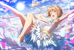  :d ^_^ antenna_hair armpits blue_sky blush brown_hair cardcaptor_sakura cardcaptor_sakura_clear_card_arc clear_card closed_eyes cloud commentary crown day dress female gloves happy holding holding_wand kero_(cardcaptor_sakura) kinomoto_sakura kinomoto_sakura_(crystal_feather_dress) layered_dress legs legs_up midair no_socks open_mouth outstretched_arms petals petticoat shiny_skin shoes short_hair sky sleeveless sleeveless_dress smile spread_arms sun sunlight wand white_dress white_footwear white_gloves white_wings wings yume_no_tsue zattape 