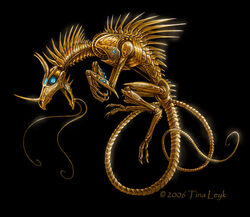  2006 black_background blue_eyes dated dragon gold_body metal metallic mythological_creature mythological_scalie mythology open_mouth scalie signature simple_background solo tail tina_leyk 