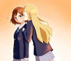  blazer blonde_hair brown_eyes brown_hair cheek_kiss closed_eyes female gradient gradient_background hirasawa_yui k-on! kissing kotobuki_tsumugi long_hair multiple_girls orange_background school_uniform shizupu short_hair surprise_kiss surprised yuri 