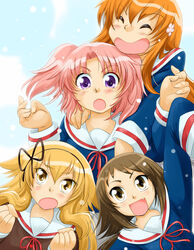  4girls blonde_hair brown_hair commentary_request mikakunin_de_shinkoukei mitsumine_mashiro multiple_girls oerba_yun_fang orange_hair pink_hair ranbu_hararin suetsugi_konoha two_side_up yonomori_benio yonomori_kobeni 