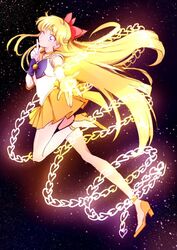  aino_minako bishoujo_senshi_sailor_moon blonde_hair blue_bow blue_bowtie blue_eyes bow bowtie commentary_request female floating_hair full_body hairband high_heels highres index_finger_raised leg_up long_hair looking_at_viewer magical_girl mikan_(mikataaaa) miniskirt one_eye_closed orange_sailor_collar orange_skirt pleated_skirt red_hairband sailor_collar sailor_senshi_uniform sailor_venus shirt skirt sleeveless sleeveless_shirt solo venus_love_me_chain very_long_hair white_shirt 