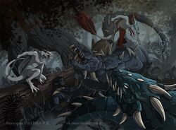  2017 anthro argonian battle black_body black_hair black_scales black_skin blue_body blue_scales bottomwear cape chains claws clothed clothing dark_elf digital_media_(artwork) dunmer elf feathers fern group hair helberd humanoid loincloth long_hair lying male melee_weapon microsoft monster on_back open_mouth outside plant red_body red_feathers red_skin robe scales scalie sharp_teeth size_difference spikes sword teeth text the_elder_scrolls tongue topless torn_clothing tree url victoriadaedra watermark weapon white_body white_eyes white_skin 