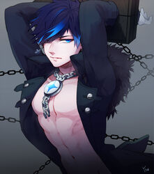  abs arms_up bad_id bad_pixiv_id black_hair blue_eyes blue_hair chains ciel_(elsword) demon_power_(elsword) earrings elsword gloves grey_background jacket jewelry male_focus multicolored_hair parted_lips pectorals shirtless solo stocks two-tone_hair upper_body yukibi_(ykb) 