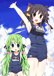  2girls arm_up armpits black_eyes black_hair blue_one-piece_swimsuit blue_sky blush cloud commentary_request dai_(series) daiteikoku day green_hair hair_ornament hair_ribbon highres kuraryu long_hair mikado_(daiteikoku) multiple_girls oerba_yun_fang one-piece_swimsuit open_mouth ribbon school_swimsuit sky swimsuit tougou_maki twintails 