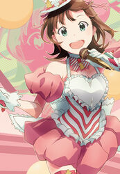  :d amami_haruka apron bad_id bad_pixiv_id bow bowtie brown_hair bustier detached_sleeves female food frills fruit gloves green_eyes hair_ribbon hat heart_apron holding holding_microphone idolmaster idolmaster_(classic) looking_at_viewer medium_hair microphone music open_mouth pink_ribbon puffy_short_sleeves puffy_sleeves ribbon round_teeth short_sleeves singing skirt smile solo strawberry striped_bow striped_bowtie striped_clothes teatime_happiness_(idolmaster) teeth upper_teeth_only white_gloves yoshito 