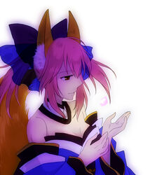  animal_ear_fluff animal_ears bad_id bad_pixiv_id bare_shoulders blue_bow bow breasts cleavage collar detached_collar detached_sleeves fate/extra fate_(series) female fox_ears fox_girl fox_tail hair_between_eyes hair_ribbon hairbow izru japanese_clothes looking_away medium_breasts petals pink_hair ribbon sidelocks simple_background smile solo split_ponytail tail tamamo_(fate) tamamo_no_mae_(fate/extra) upper_body white_background yellow_eyes 