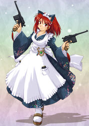  animal_ears apron breasts cat_ears cleavage commentary_request dual_wielding female gun handgun highres holding long_hair magazine_(weapon) maid maid_apron maid_headdress mauser_c96 medium_breasts original ranbu_hararin red_eyes red_hair sandals solo tabi weapon 