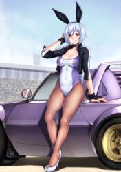  animal_ears breasts brown_pantyhose car cleavage commentary_request cropped_jacket female finalcake fingerless_gloves full_body gloves grin high_heels highres jacket lancia_(brand) lancia_stratos legs leotard long_hair looking_at_viewer medium_breasts motor_vehicle open_clothes open_jacket orange_eyes original pantyhose rabbit_ears race_queen silver_hair smile solo standing white_footwear white_leotard wide_hips 