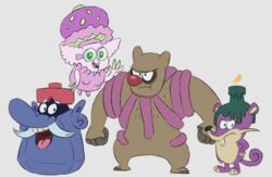  2017 alternate_species ambiguous_gender anthro brown_body brown_fur buckteeth candle cartoon_network chowder_(series) conkeldurr crossover elemental_creature fungi_fauna fungus fur generation_1_pokemon generation_4_pokemon generation_5_pokemon generation_7_pokemon gorgonzola group hi_res humanoid itoruna limbless male mammal mineral_fauna mung_daal mushroom_cap nintendo open_mouth pokemon pokemon_(species) probopass rattata rock rock_creature rodent shiinotic shnitzel simple_background teeth truffles_(chowder) white_background 