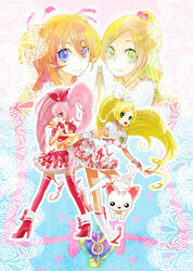  2girls blonde_hair blue_background blue_eyes boots bow braid brooch brown_hair choker commentary_request cure_melody cure_rhythm dress feline frills full_body g-clef_(suite_precure) green_eyes hair_ribbon hairband half_updo happy heart houjou_hibiki hummy_(suite_precure) jewelry long_hair looking_back magical_girl minamino_kanade multiple_girls photoshop_(medium) pink_bow pink_choker pink_hair pink_legwear pink_wrist_cuffs precure ribbon shoes sinnyan smile suite_precure thighhighs twintails white_choker wrist_cuffs 