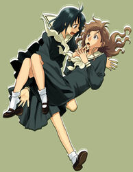  2girls bad_link black_hair brown_eyes brown_hair falling green_background lillian_girls&#039;_academy_school_uniform long_hair maria-sama_ga_miteru mori_(unknown.) multiple_girls nijou_noriko open_mouth school_uniform serafuku short_hair simple_background toudou_shimako 