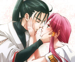  1boy aria_(manga) aria_company_uniform blouse blush closed_eyes commentary_request couple female green_eyes hair_tubes hand_on_another&#039;s_face hands_on_another&#039;s_face imminent_kiss izumo_akatsuki kagura_(anomalo-anima) long_hair mizunashi_akari pink_hair ponytail sailor_collar shirt short_hair_with_long_locks short_sleeves sidelocks straight uniform white_shirt 