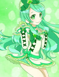  arm_warmers borrowed_character bow brooch choker commentary_request cure_alto_(0417nao) female green_background green_choker green_eyes green_hair green_theme hairbow jewelry long_hair magical_girl original precure ribbon skirt smile solo tama_(miloque) white_arm_warmers 