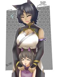  &gt;_&lt; 2girls :d aged_down animal_ears black_hair blake_belladonna bracelet cat_ears cat_girl closed_eyes commentary ear_piercing earrings english_text jewelry kali_belladonna mature_female mother_and_daughter multiple_girls open_mouth piercing rwby smile xd z666ful 