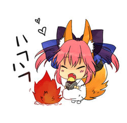  animal_ear_fluff animal_ears bad_id bad_pixiv_id blue_bow blush bow campfire chibi closed_eyes eating fate/extra fate_(series) female fire fox_ears fox_girl fox_tail hair_ribbon hairbow heart izru japanese_clothes oerba_yun_fang open_mouth orange_tail pink_hair potato ribbon sidelocks solo split_ponytail squatting tail tamamo_(fate) tamamo_no_mae_(fate/extra) 