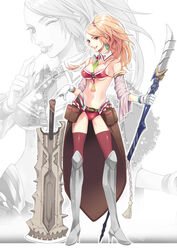  armor bad_id bad_pixiv_id bikini bikini_top_only blonde_hair boots braid breasts brown_eyes detached_sleeves female gloves greaves high_heels highres knee_boots lovecom medium_breasts navel original photoshop_(medium) polearm ponytail red_bikini shoes sideboob solo swimsuit sword thighhighs underboob weapon 