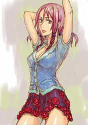  arms_up braid breasts cleavage commentary_request female flower hair_bobbles hair_ornament hirose_yasuho jojo_no_kimyou_na_bouken jojolion lipstick makeup medium_breasts pink_eyes pink_hair sasagawa_(haikaiki) skirt solo 