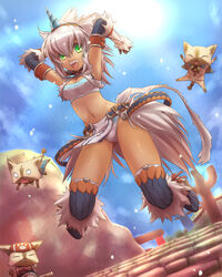  commentary_request dark-skinned_female dark_skin felyne female gloves green_eyes horns jumping kirin_(armor) loincloth monster_hunter_(character) monster_hunter_(series) navel open_mouth panties photoshop_(medium) shiny_skin single_horn strapless thighhighs tsukigami_chronica tube_top underwear white_hair 