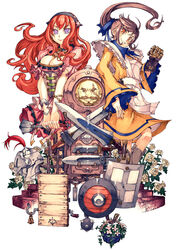  2girls armor bell breasts brown_hair cleavage commentary_request crossed_swords flower freckles helmet long_hair mace medium_breasts multiple_girls original pink_flower ponytail purple_eyes red_hair rose shield short_sword simple_background smile sword thorns weapon white_flower white_rose yoshida_tooru 