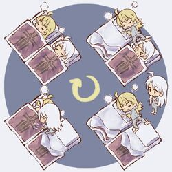  &gt;_&lt; 2girls admiral_hipper_(azur_lane) ahoge azur_lane blonde_hair commentary_request cycle emblem futon messy_sleeper multiple_girls pajamas pillow prinz_eugen_(azur_lane) sleeping under_covers white_hair zeldin 