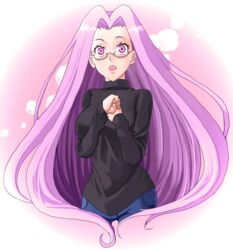  blush breasts commentary_request denim eyelashes fate/stay_night fate_(series) female glasses highres jeans large_breasts lips long_hair medusa_(fate) medusa_(rider)_(fate) nono_(noppodesu) official_alternate_costume open_mouth pants purple_eyes purple_hair solo turtleneck very_long_hair 