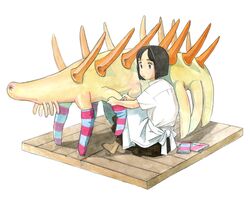  akai_sashimi animal apron barefoot black_eyes black_hair commentary_request faux_figurine female hallucigenia original oversized_animal prehistoric_animal short_hair sitting socks solo striped_clothes striped_socks 