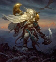  ajani_goldmane anthro axe chris_rahn detailed_background drake_(disambiguation) felid hasbro lion magic:_the_gathering male mammal melee_weapon painting pantherine scar solo sunrise weapon wizards_of_the_coast 