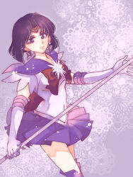  back_bow bishoujo_senshi_sailor_moon boots bow brooch brown_bow commentary_request earrings female gloves holding holding_staff jewelry magical_girl makoto1009 neck no_choker purple_eyes purple_hair purple_sailor_collar purple_skirt purple_theme sailor_collar sailor_saturn sailor_senshi_uniform skirt solo staff star_brooch tomoe_hotaru weapon white_gloves 