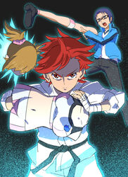  2boys bad_id bad_pixiv_id bandaged_arm bandages bike_shorts blue_hair body_parts brown_hair commentary_request detached_arm detached_legs disembodied_head dougi female glasses gundam gundam_build_fighters gundam_build_fighters_try hoshino_fumina jacket kamiki_sekai karate_gi kousaka_yuuma multiple_boys navel red_eyes red_hair severed_head sports_bra sukekiyo56 two-tone_sports_bra 